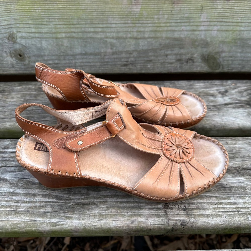 Pikolinos Petrol Leather Wedge Sandals Tan Floral Detail Adjustable Sz 38 US 7.5